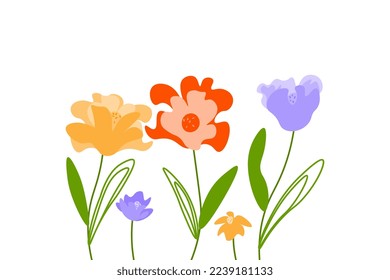Flowers are multi-colored on a white background. Horizontal cute postcard