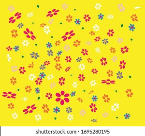 Flores de múltiples colores diseminadas en el fondo como si se cultivara en un prado. Diferentes tamaños de flores