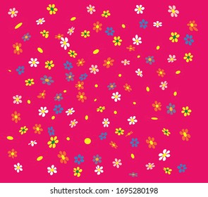 Flowers in multiple colors scattered on the background as if to grow on a meadow. Different size of flowers