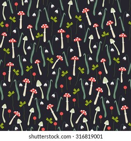 flowers, mushrooms, berries pattern vector