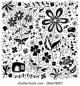 Flowers and mushrooms drawn ink decorative elements vector