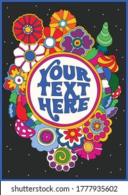Flowers and Mushrooms Psychedelic Art Hippie Style Illustration, Bright Color Poster