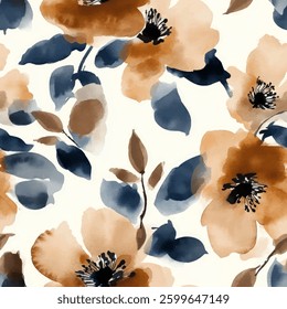 Flowers in navy blue, beige, and brown on a white background. watercolor flower seamless pattern. Watercolor print in rustic vintage style, textile or wallpaper.