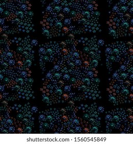 Flowers at night. Embroidery seamless pattern with floral ornament on black background.