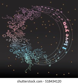 Flowers and notes frame on the stars background. Boho style. Hand drawn. Vector illustration.