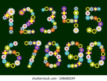 Flowers numbers on the green background. Vector illustration.