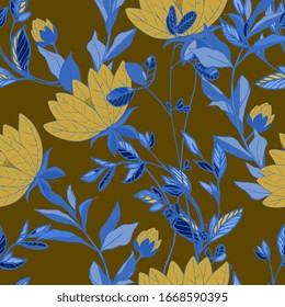 Flowers of ochre lilies with blue leaves and petals on a sage brown color background seamless pattern. Vector illustration with hand-drawn plants.