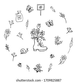 Flowers in an old boot hand drawn black line. Set of flowers, insects, plants, seeds. Coloring. Image for your decor and design. Vector illustration Isolated objects on a white background.