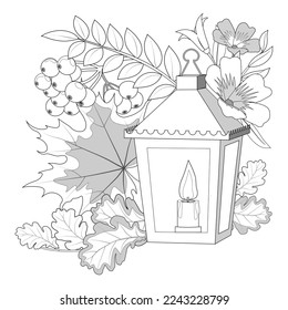 Flores, lámparas antiguas con velas, hojas de otoño, rowan para colorear página de libro. Ilustración vectorial.