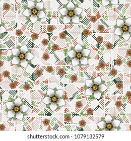 Flowers on an abstract background consisting of squares broken into pieces and covered with striped mesh.
