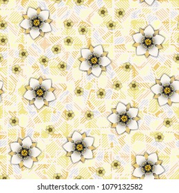 Flowers on an abstract background consisting of squares broken into pieces and covered with striped mesh.