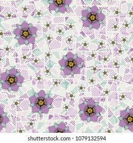 Flowers on an abstract background consisting of squares broken into pieces and covered with striped mesh.