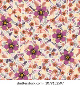 Flowers on an abstract background consisting of squares broken into pieces and covered with striped mesh.