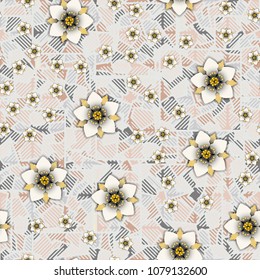 Flowers on an abstract background consisting of squares broken into pieces and covered with striped mesh.