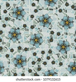 Flowers on an abstract background consisting of squares broken into pieces and covered with striped mesh.