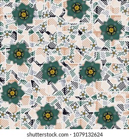 Flowers on an abstract background consisting of squares broken into pieces and covered with striped mesh.