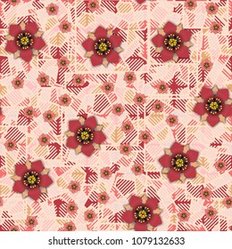 Flowers on an abstract background consisting of squares broken into pieces and covered with striped mesh.