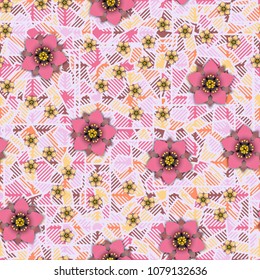 Flowers on an abstract background consisting of squares broken into pieces and covered with striped mesh.