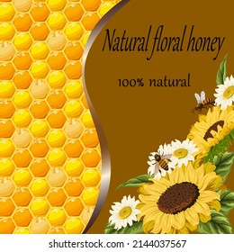 Flowers on a background of honeycombs.Honeycombs in abstract background with flowers and text in color vector illustration.