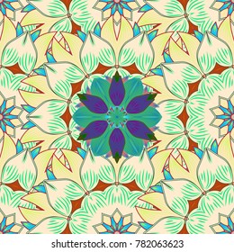 Flowers on beige, green and blue colors. Flourish ornamental spring garden texture. Vector illustration. Floral pattern. Flower seamless on beige, green and blue colors.