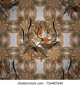 Flowers on beige, white and orange colors. Fabric pattern texture daisy flowers detail.