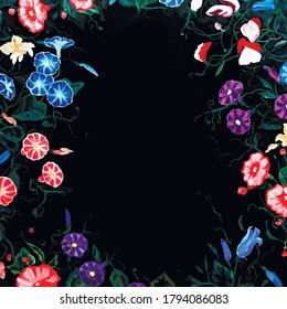 flowers on a black background pink red lilac white