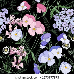 Flowers on black background seamless print.