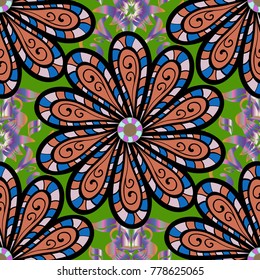 Flowers on black, orange and green colors. Doodle style. Perfect for textile, cover design. Hand drawn seamless autumn floral flower pattern. Colorful black, orange and green seamless pattern.