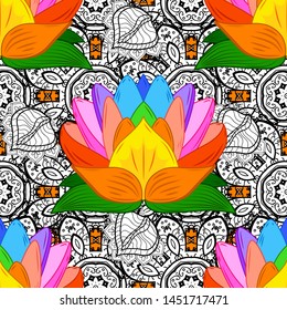 Flowers on black, white and orange colors. Vector floral pattern in doodle style with flowers. Gentle, summer floral background.