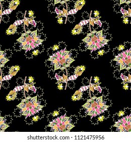 Flowers on black, white and yellow colors. Seamless retro pattern with flowers. Colour Summer Theme seamless pattern Background. Flat Flower Elements Design.