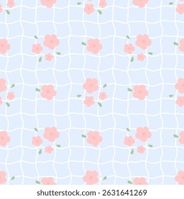  Flowers on blue Background, Checkered, Fabric, Wrapping Paper , Seamless Pattern 