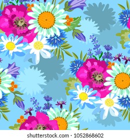 Flowers on a blue background. Seamless pattern. Poppies, daisies, cornflowers, cloves, bells, lavender. For textiles, fabric, Wallpaper. Vector stock.