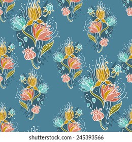 Flowers on blue background. Vector seamless pattern