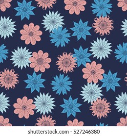 Flowers on a blue background. Wallpaper seamless. Doodle. Simple drawing.