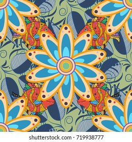 Flowers on blue, beige and yellow colors. Seamless Floral Pattern in Vector illustration.