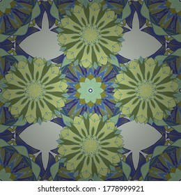Flowers on blue, green and neutral colors. Seamless pattern with floral ornament. Vector illustration.