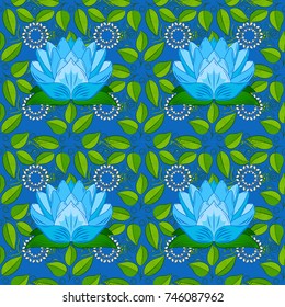 Flowers on blue, green and neutral colors. Gentle romantic print. Spring summer time. Vector seamless cute flower pattern. Holidays mood.