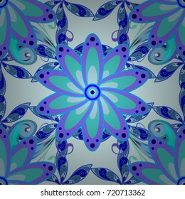 Flowers on blue, neutral and violet colors. Abstract seamless pattern with hand drawing flowers. Vector illustration.