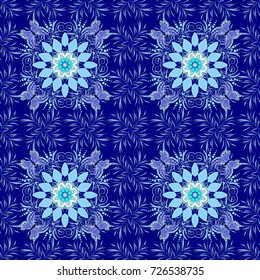 Flowers on blue, neutral and violet colors. Vector flat flowers seamless pattern. Design gift wrapping paper, greeting cards, posters and banner design.