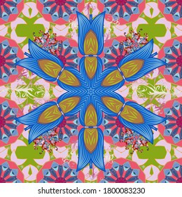 Flowers on blue, pink and neutral colors. Gentle, cute floral background. Vector floral pattern in doodle style with flowers.