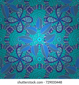 Flowers on blue, violet and neutral colors. Flat Flower Elements Design. Colour Summer Theme seamless pattern Background. Seamless retro pattern with flowers.