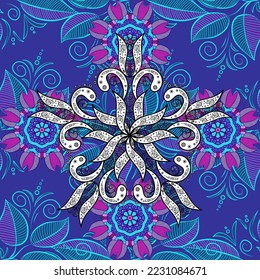 Flowers on blue, violet and white colors. Colour Spring Theme seamless pattern Background. Seamless Floral Pattern in Vector illustration. Flat Flower Elements Design.