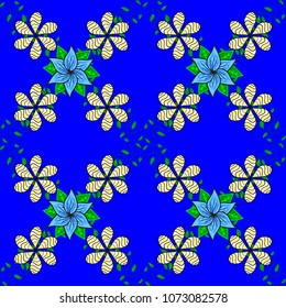 Flowers on blue, yellow, green, white and gray colors. Fabric pattern texture daisy flowers detail.