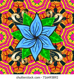 Flowers on blue, yellow and magenta colors. Flourish ornamental spring garden texture. Floral pattern. Flower seamless on blue, yellow and magenta colors. Vector illustration.