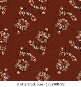 Flowers on brown, black and orange colors. Flat Flower Elements Design. Seamless Floral Pattern in Vector illustration. Colour Spring Theme seamless pattern Background. #ABFHUNSV