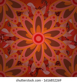 Flowers on brown, pink and orange colors. Colour Spring Theme seamless pattern Background. Flat Flower Elements Design. Cute flower vector pattern.