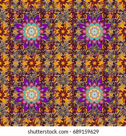 Flowers on colorful background. Seamless flowers pattern. In asian textile style. Vector illustration. Vector illustration.
