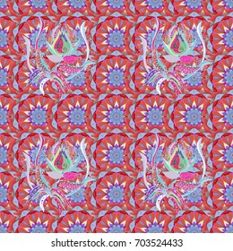 Flowers on colorful background. Vector illustration. Vector illustration. In asian textile style. Seamless flowers pattern.