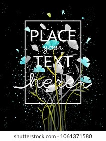 Flowers on Dark Background Poster Design. Colorful gradients floral abstract postcard. Vector design.