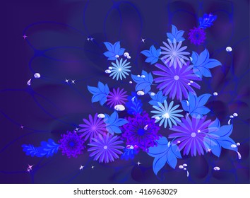Flowers on dark background with web, dew and stars. EPS10 vector illustration